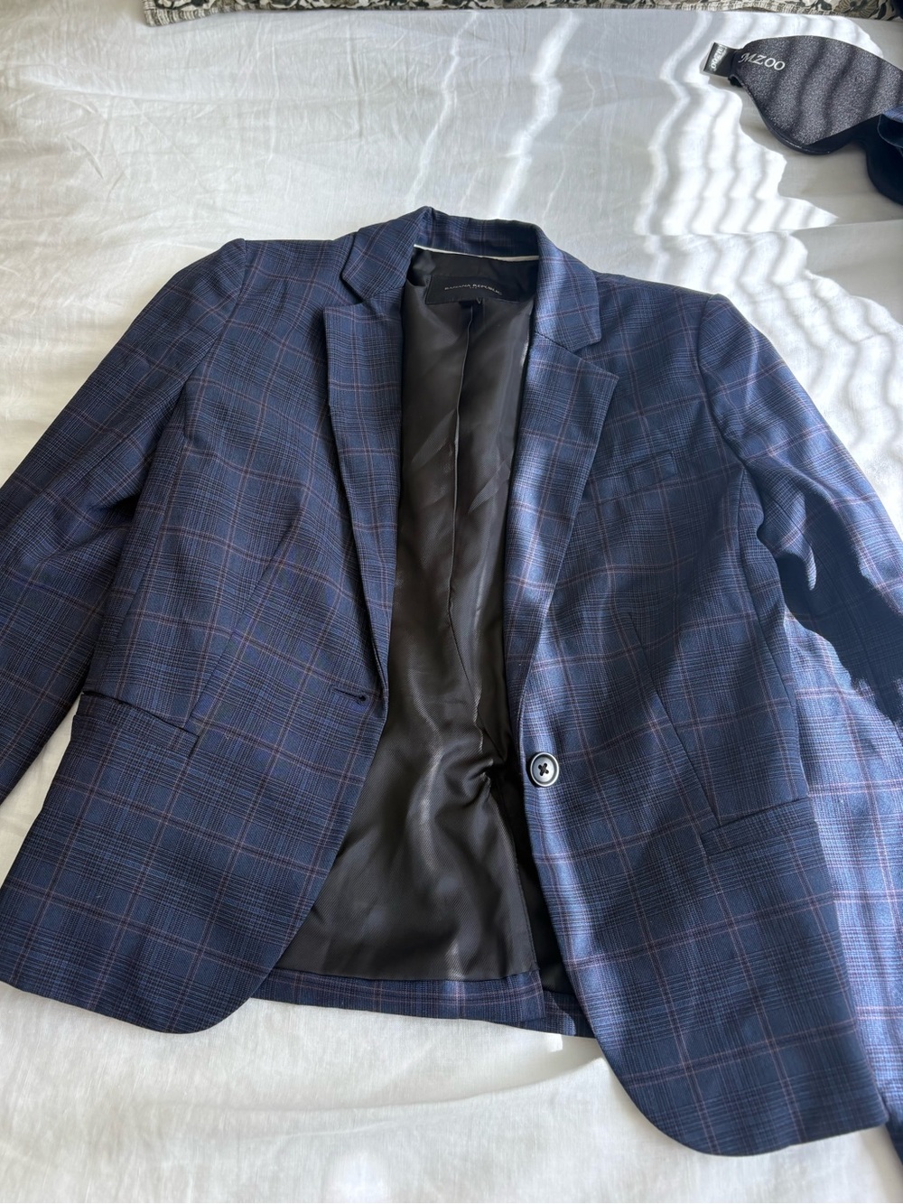 Navy Plaid Blazer - Classic Single-Button Suit Jacket